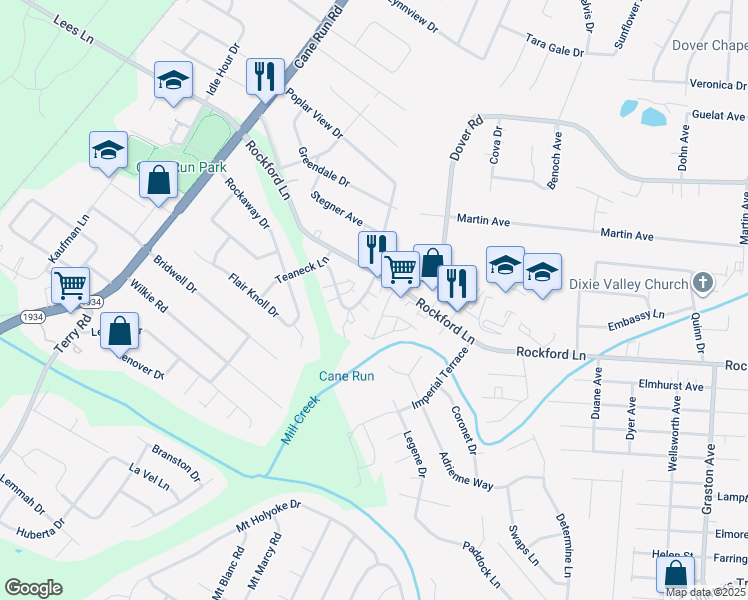 map of restaurants, bars, coffee shops, grocery stores, and more near 4807 Saddlebrook Lane in Louisville