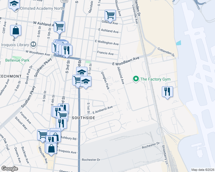 map of restaurants, bars, coffee shops, grocery stores, and more near 546 Douglas Park in Louisville