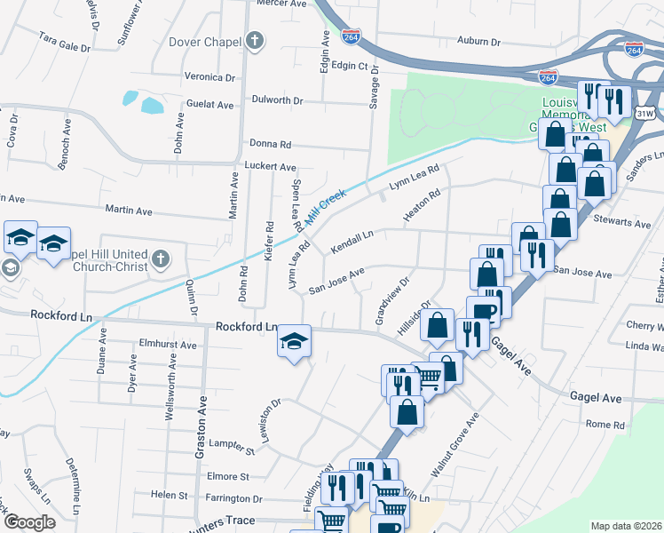 map of restaurants, bars, coffee shops, grocery stores, and more near 2029 San Jose Avenue in Louisville