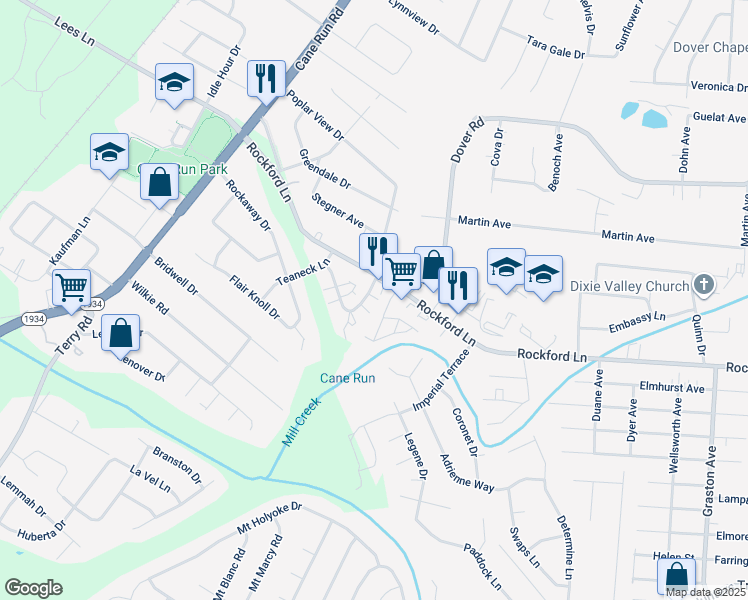 map of restaurants, bars, coffee shops, grocery stores, and more near 4807 Saddlebrook Lane in Louisville