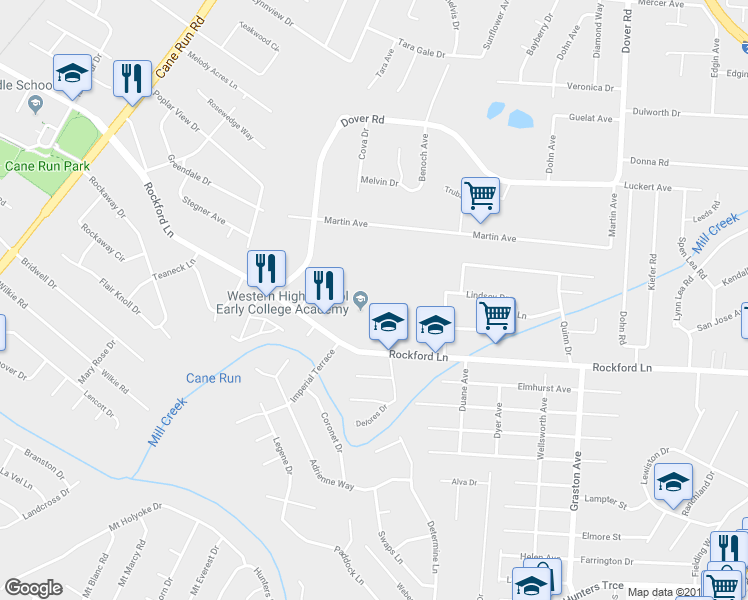 map of restaurants, bars, coffee shops, grocery stores, and more near 2501 Rockford Lane in Shively