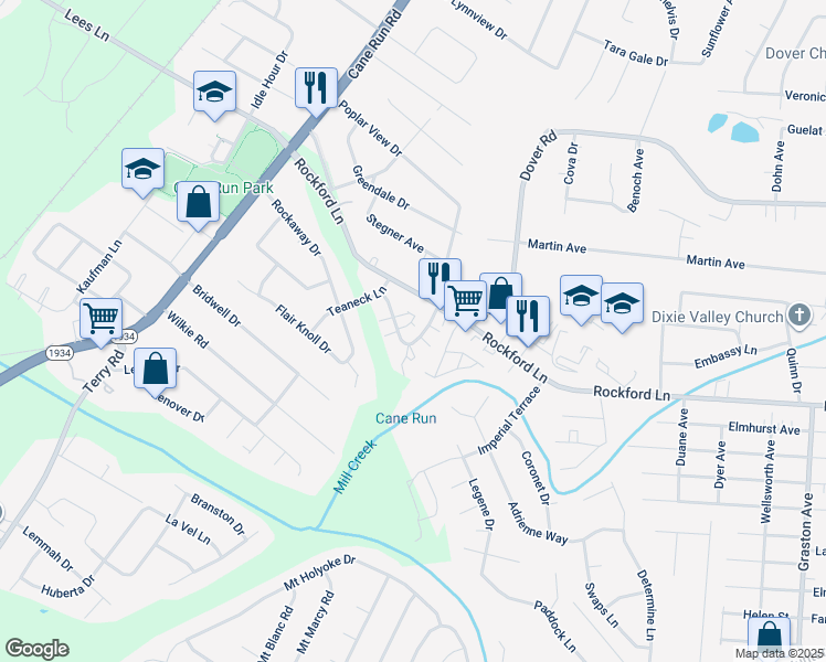 map of restaurants, bars, coffee shops, grocery stores, and more near 4905 Saddlebrook Lane in Louisville