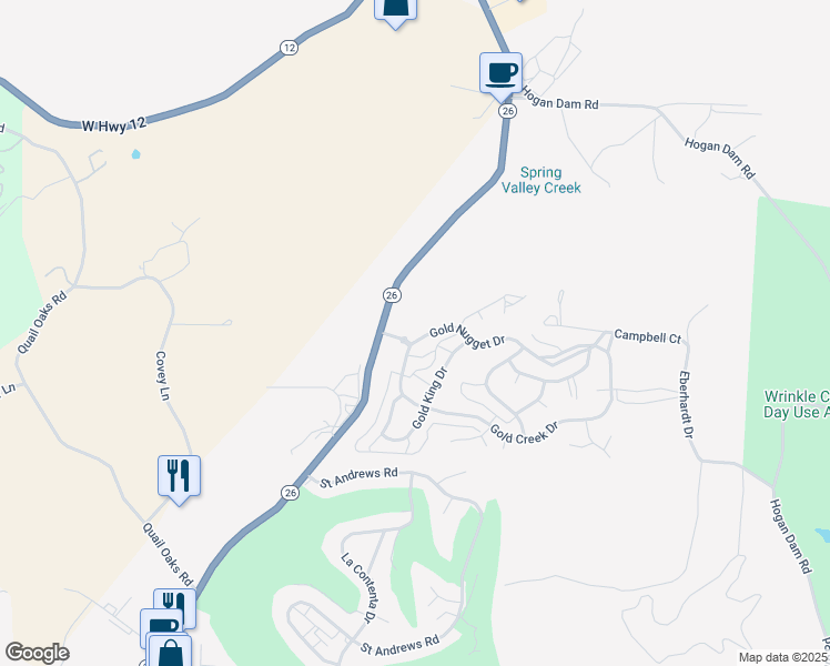 map of restaurants, bars, coffee shops, grocery stores, and more near 116 Gold Nugget Drive in Valley Springs