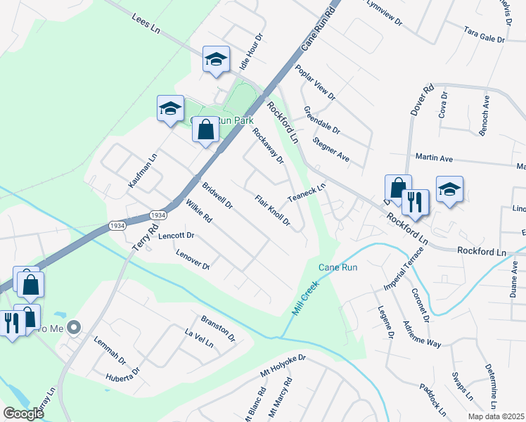 map of restaurants, bars, coffee shops, grocery stores, and more near 3123 Bridwell Drive in Louisville