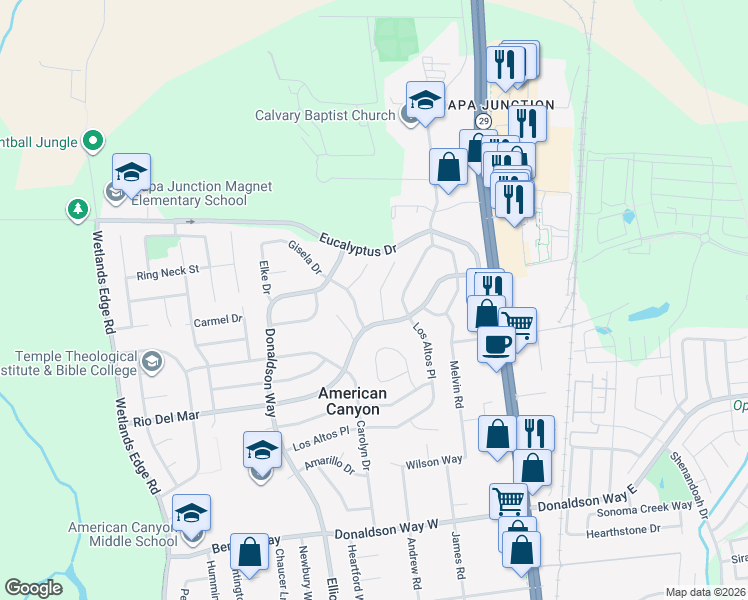 map of restaurants, bars, coffee shops, grocery stores, and more near 15 Flamingo Court in American Canyon