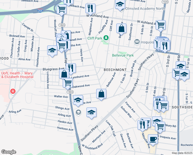 map of restaurants, bars, coffee shops, grocery stores, and more near 1013 Oakwood Avenue in Louisville