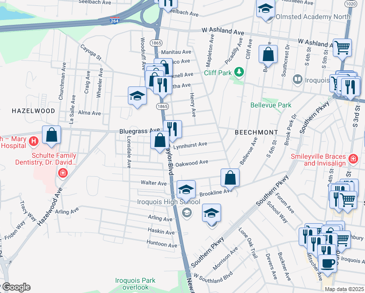 map of restaurants, bars, coffee shops, grocery stores, and more near 1060 Lynnhurst Ave in Louisville
