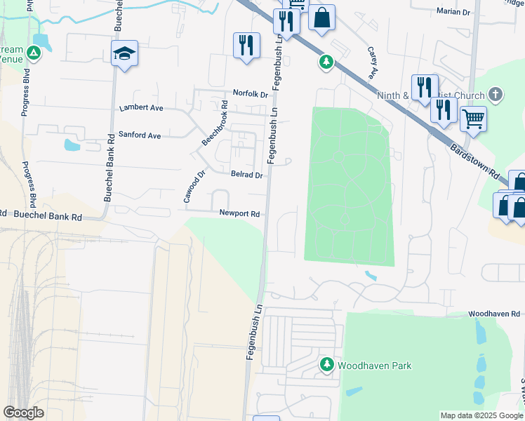 map of restaurants, bars, coffee shops, grocery stores, and more near 4414 Newport Road in Louisville