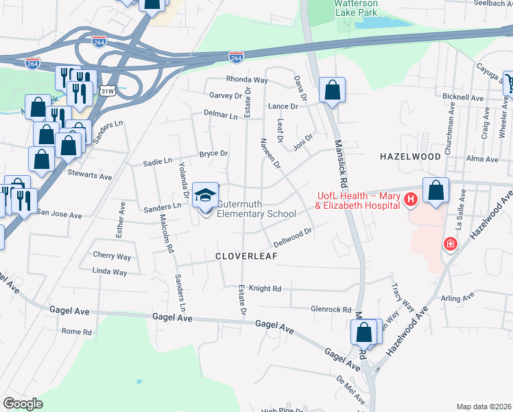 map of restaurants, bars, coffee shops, grocery stores, and more near 4410 Rondean Drive in Louisville
