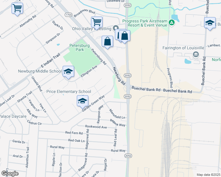 map of restaurants, bars, coffee shops, grocery stores, and more near 5219 Garden Green Way in Louisville
