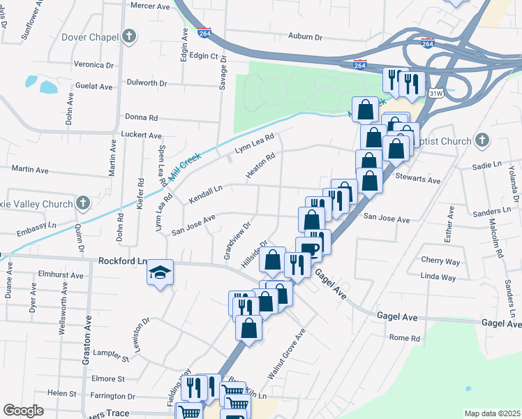 map of restaurants, bars, coffee shops, grocery stores, and more near 4604 Hillside Drive in Louisville