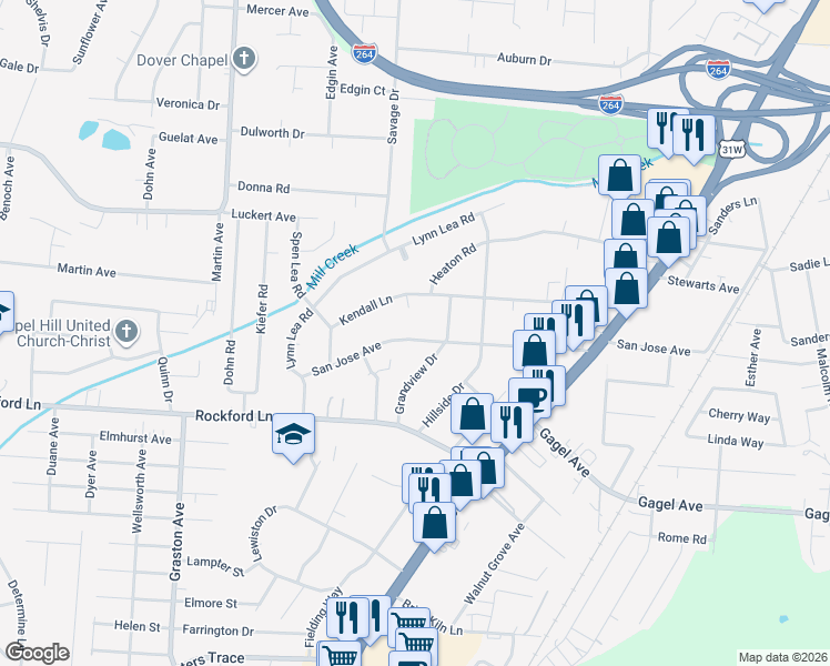 map of restaurants, bars, coffee shops, grocery stores, and more near 4600 Grandview Drive in Louisville