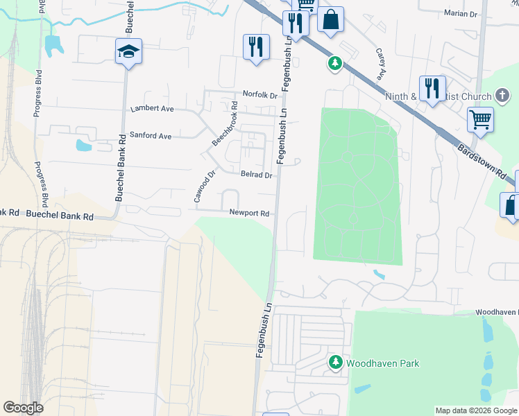 map of restaurants, bars, coffee shops, grocery stores, and more near 4407 Newport Road in Louisville