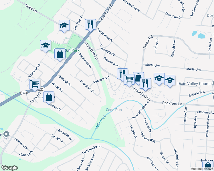map of restaurants, bars, coffee shops, grocery stores, and more near 2907 Rockaway Drive in Louisville