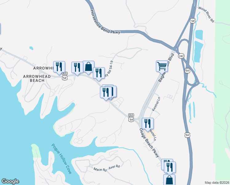 map of restaurants, bars, coffee shops, grocery stores, and more near 3360 Bagnell Dam Blvd in Lake Ozark