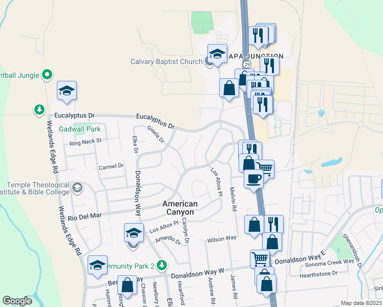 map of restaurants, bars, coffee shops, grocery stores, and more near 19 Flamingo Court in American Canyon