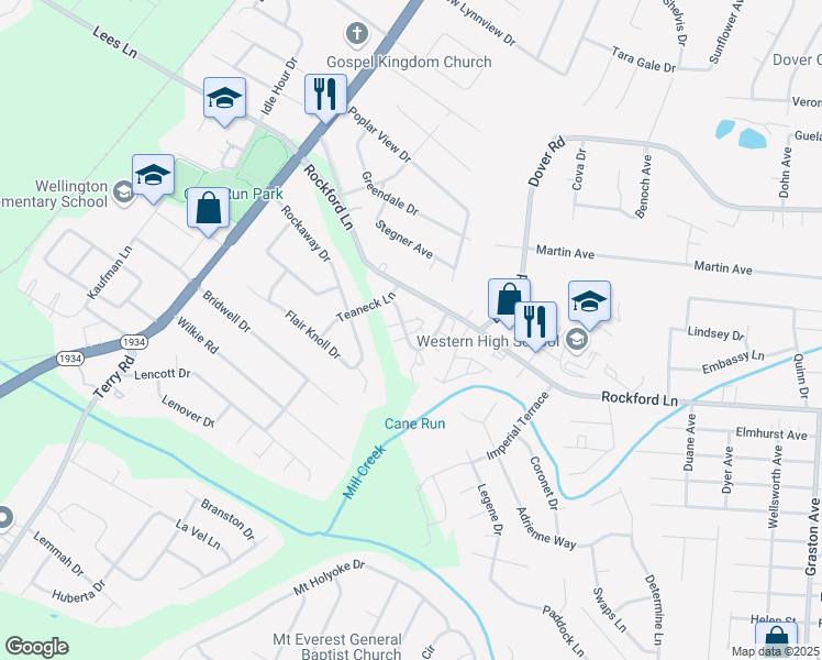 map of restaurants, bars, coffee shops, grocery stores, and more near 4908 Saddlebrook Lane in Louisville