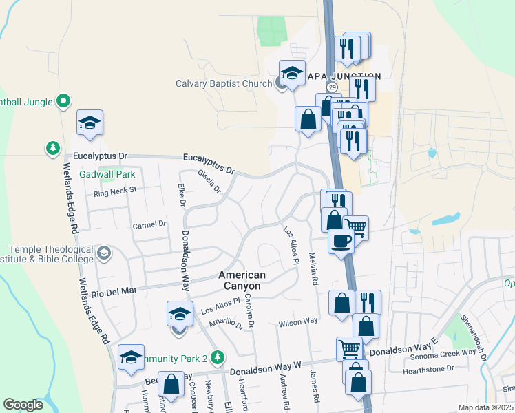 map of restaurants, bars, coffee shops, grocery stores, and more near 19 Flamingo Court in American Canyon