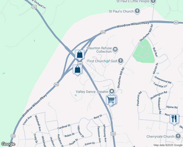 map of restaurants, bars, coffee shops, grocery stores, and more near 1810-1842 Churchville Ave in Staunton