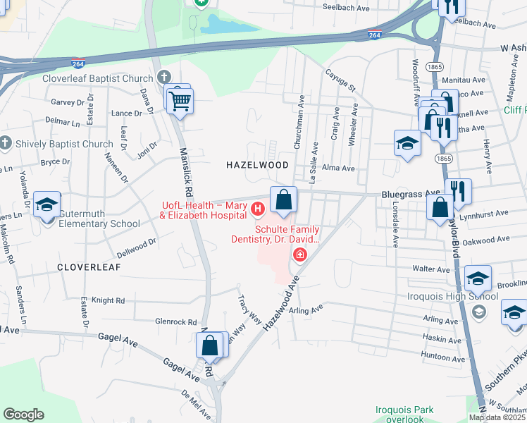 map of restaurants, bars, coffee shops, grocery stores, and more near 1900 Bluegrass Avenue in Louisville