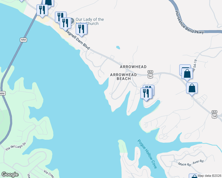 map of restaurants, bars, coffee shops, grocery stores, and more near 2-32 Arrowhead Beach Rd in Lake Ozark