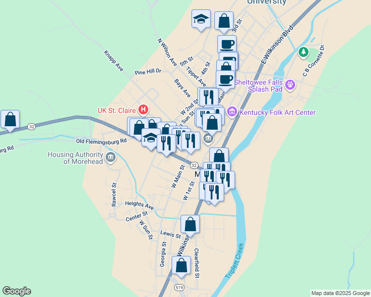 map of restaurants, bars, coffee shops, grocery stores, and more near 402 West Main Street in Morehead