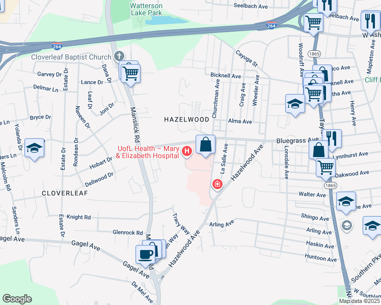 map of restaurants, bars, coffee shops, grocery stores, and more near 1900 Bluegrass Avenue in Louisville