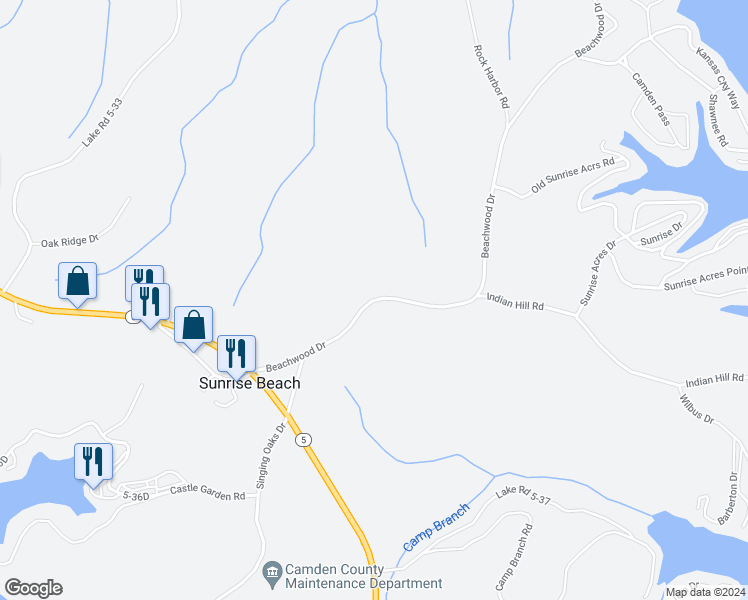 map of restaurants, bars, coffee shops, grocery stores, and more near 340 Beachwood Drive in Sunrise Beach
