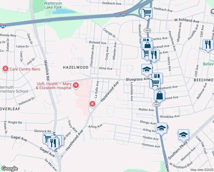 map of restaurants, bars, coffee shops, grocery stores, and more near 4335 Hazelwood Avenue in Louisville