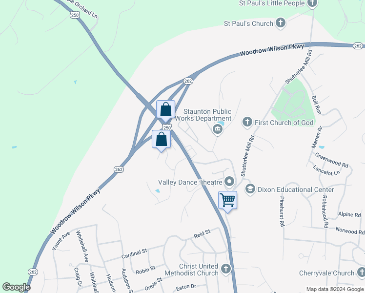 map of restaurants, bars, coffee shops, grocery stores, and more near 1810 Churchville Avenue in Staunton