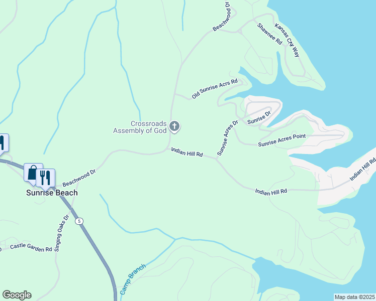 map of restaurants, bars, coffee shops, grocery stores, and more near 109 Indian Hill Road in Sunrise Beach