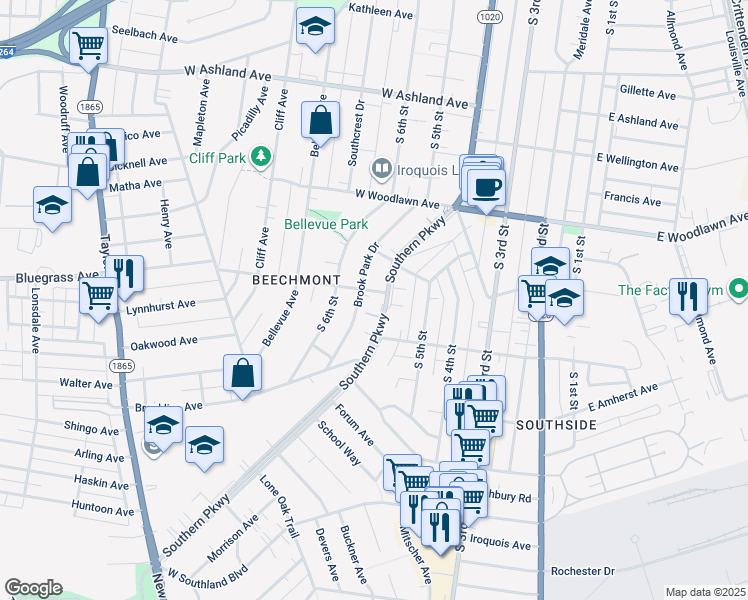 map of restaurants, bars, coffee shops, grocery stores, and more near 4823 Southern Parkway in Louisville