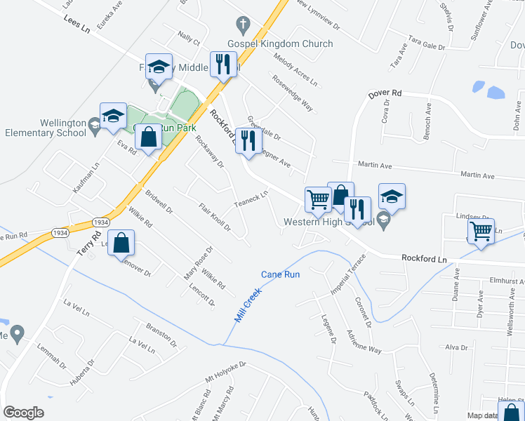 map of restaurants, bars, coffee shops, grocery stores, and more near 2907 Rockaway Drive in Louisville