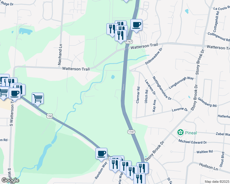 map of restaurants, bars, coffee shops, grocery stores, and more near 4700 South Hurstbourne Parkway in Louisville