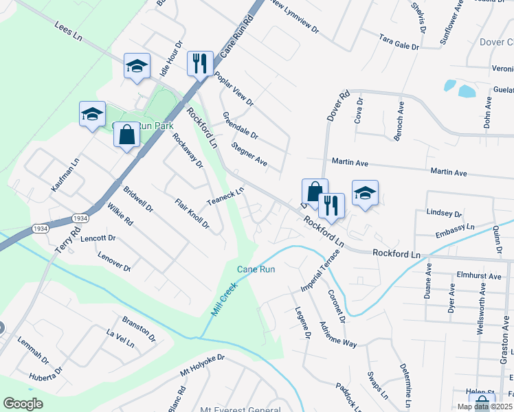 map of restaurants, bars, coffee shops, grocery stores, and more near 4912 Saddlebrook Lane in Louisville