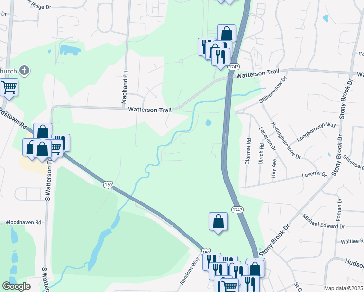 map of restaurants, bars, coffee shops, grocery stores, and more near 4905 Walnut Hills Drive in Louisville