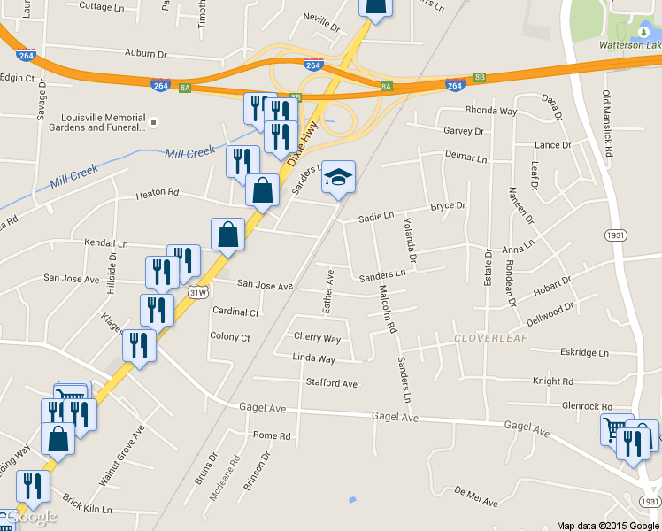 map of restaurants, bars, coffee shops, grocery stores, and more near Louise Avenue in Louisville