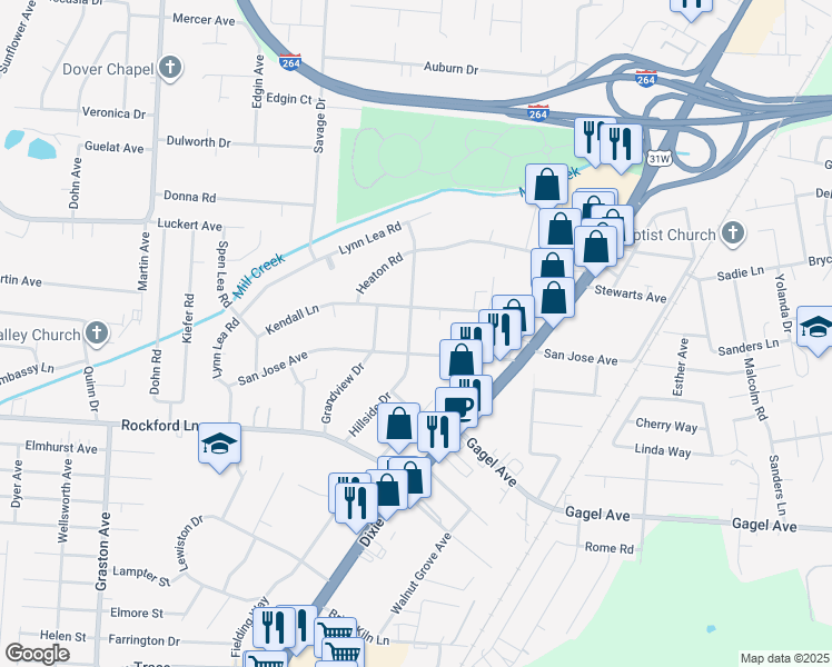map of restaurants, bars, coffee shops, grocery stores, and more near 4507 Hillside Drive in Louisville