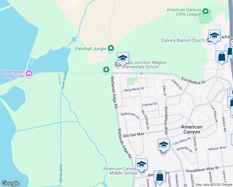 map of restaurants, bars, coffee shops, grocery stores, and more near 47 Redhead Street in American Canyon