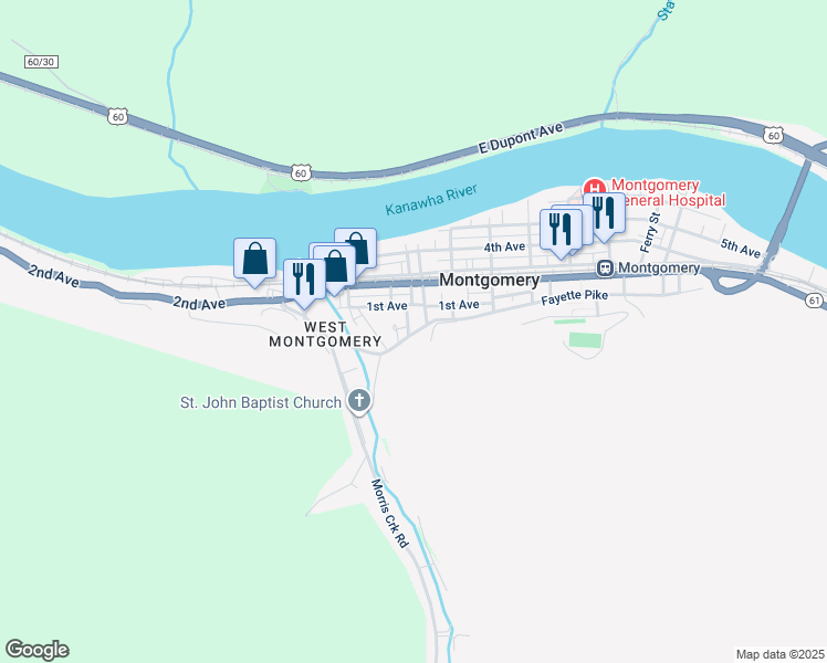 map of restaurants, bars, coffee shops, grocery stores, and more near 1st Ave in Montgomery