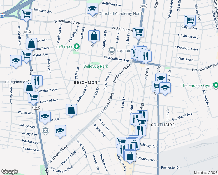 map of restaurants, bars, coffee shops, grocery stores, and more near 4742 Southern Parkway in Louisville