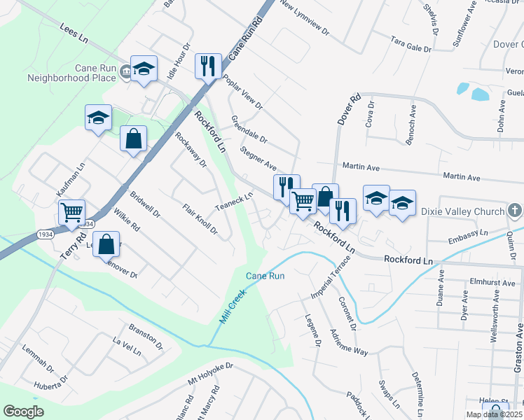 map of restaurants, bars, coffee shops, grocery stores, and more near 2724 Rockford Lane in Louisville