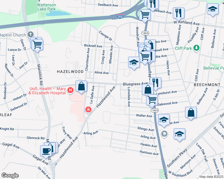 map of restaurants, bars, coffee shops, grocery stores, and more near 4335 Hazelwood Ave in Louisville