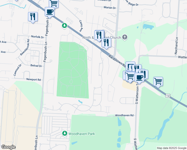 map of restaurants, bars, coffee shops, grocery stores, and more near 2118 Havenview Drive in Louisville