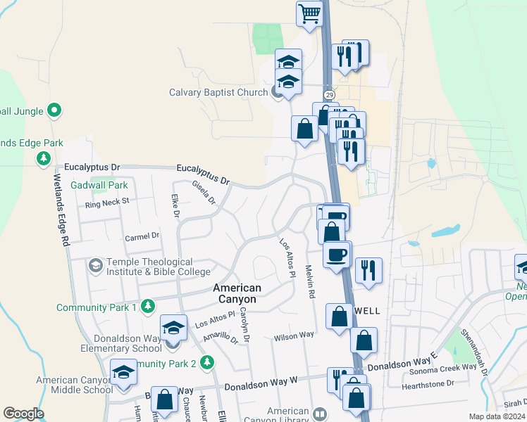 map of restaurants, bars, coffee shops, grocery stores, and more near 26 Flamingo Court in American Canyon