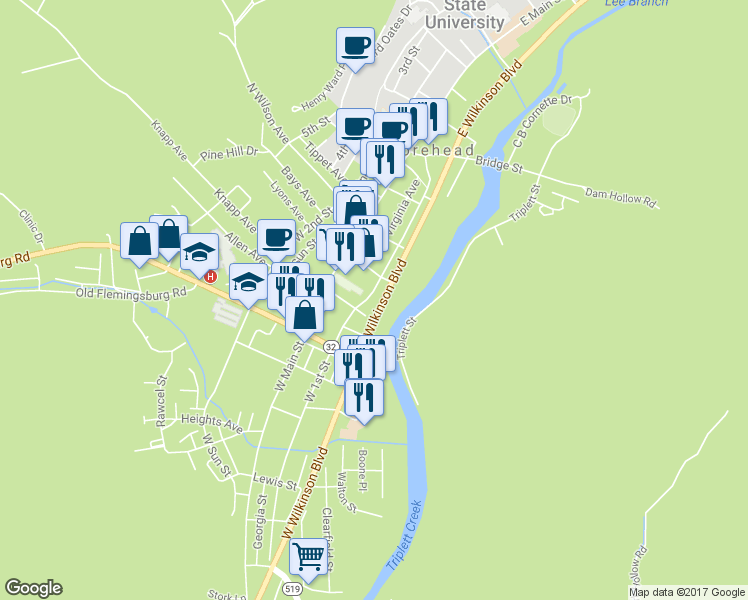 map of restaurants, bars, coffee shops, grocery stores, and more near 206 West 1st Street in Morehead