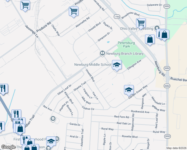 map of restaurants, bars, coffee shops, grocery stores, and more near 4811 Unseld Boulevard in Louisville