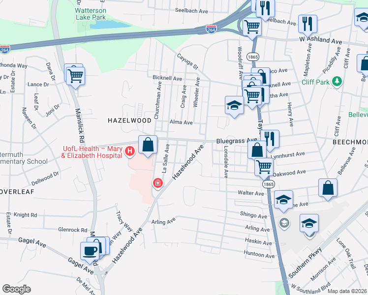 map of restaurants, bars, coffee shops, grocery stores, and more near 1440 Bluegrass Avenue in Louisville