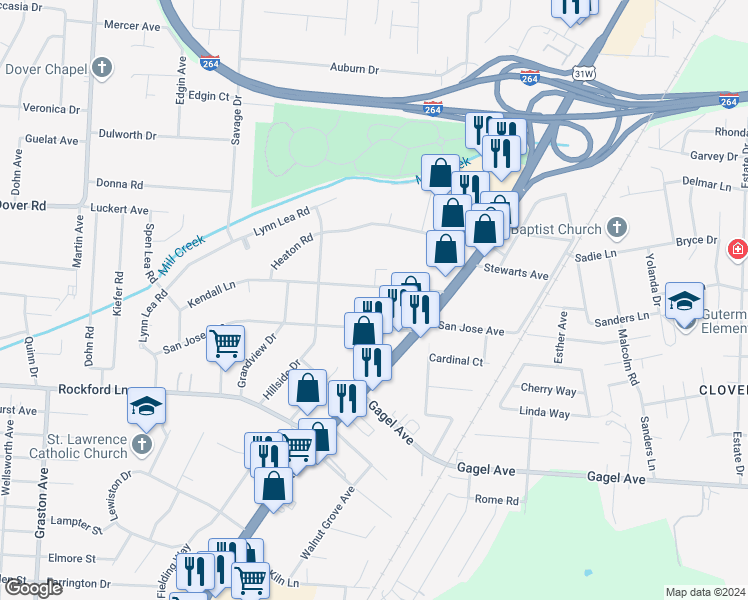 map of restaurants, bars, coffee shops, grocery stores, and more near 1836 Kendall Lane in Louisville
