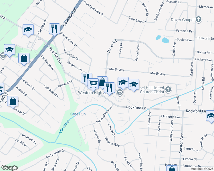 map of restaurants, bars, coffee shops, grocery stores, and more near 4819 Dover Road in Louisville